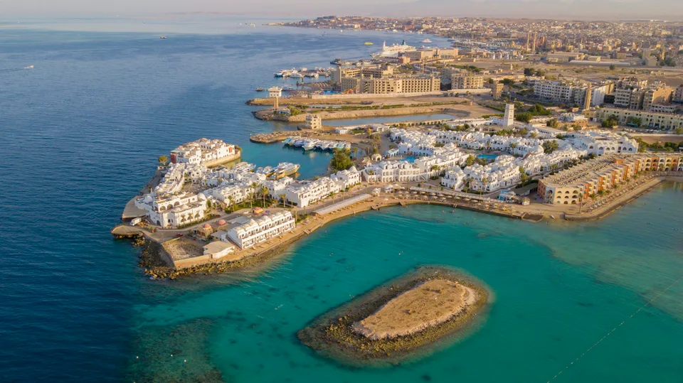 An aerial view of Hurghada and its turquoise coastal waters