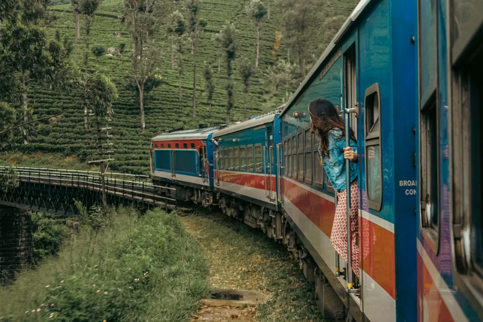 Blue train carriages winding through green countryside