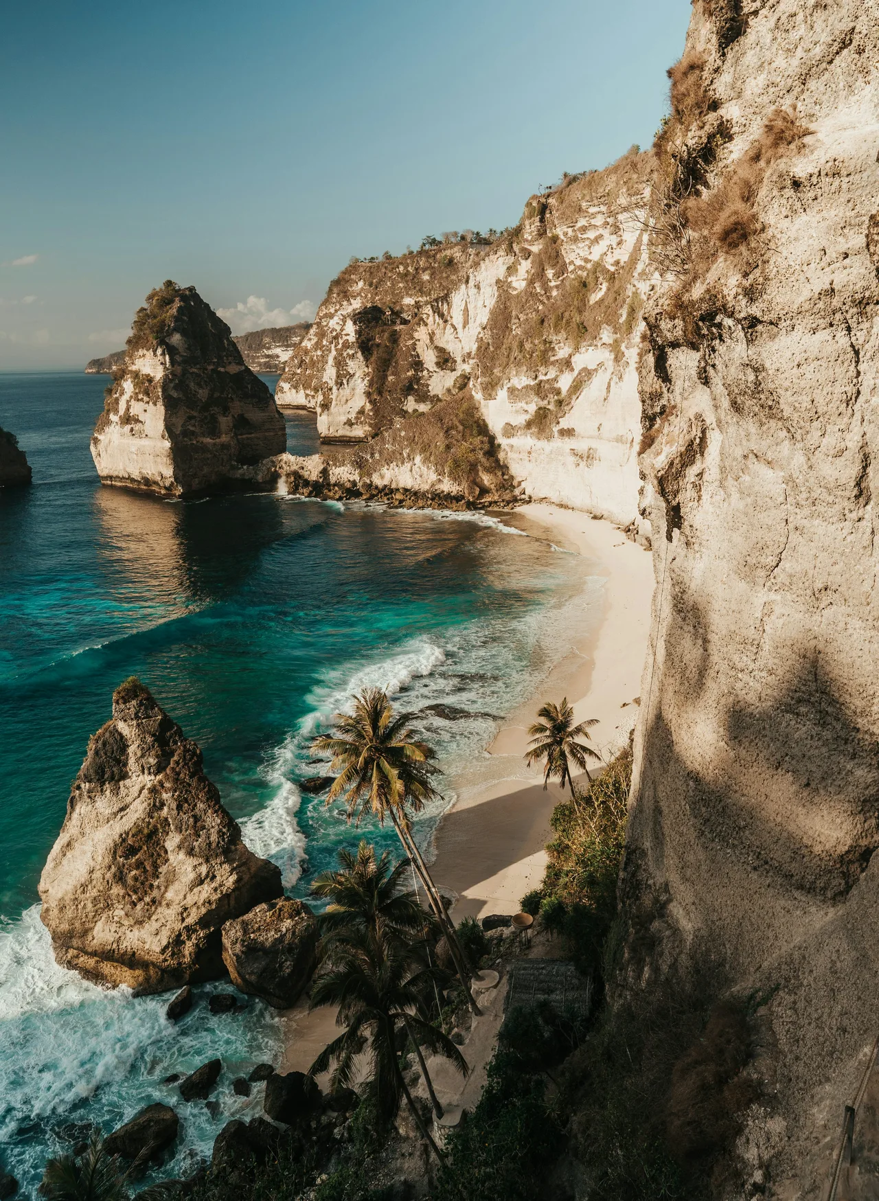 White limestone cliffs and palms above a secluded beach