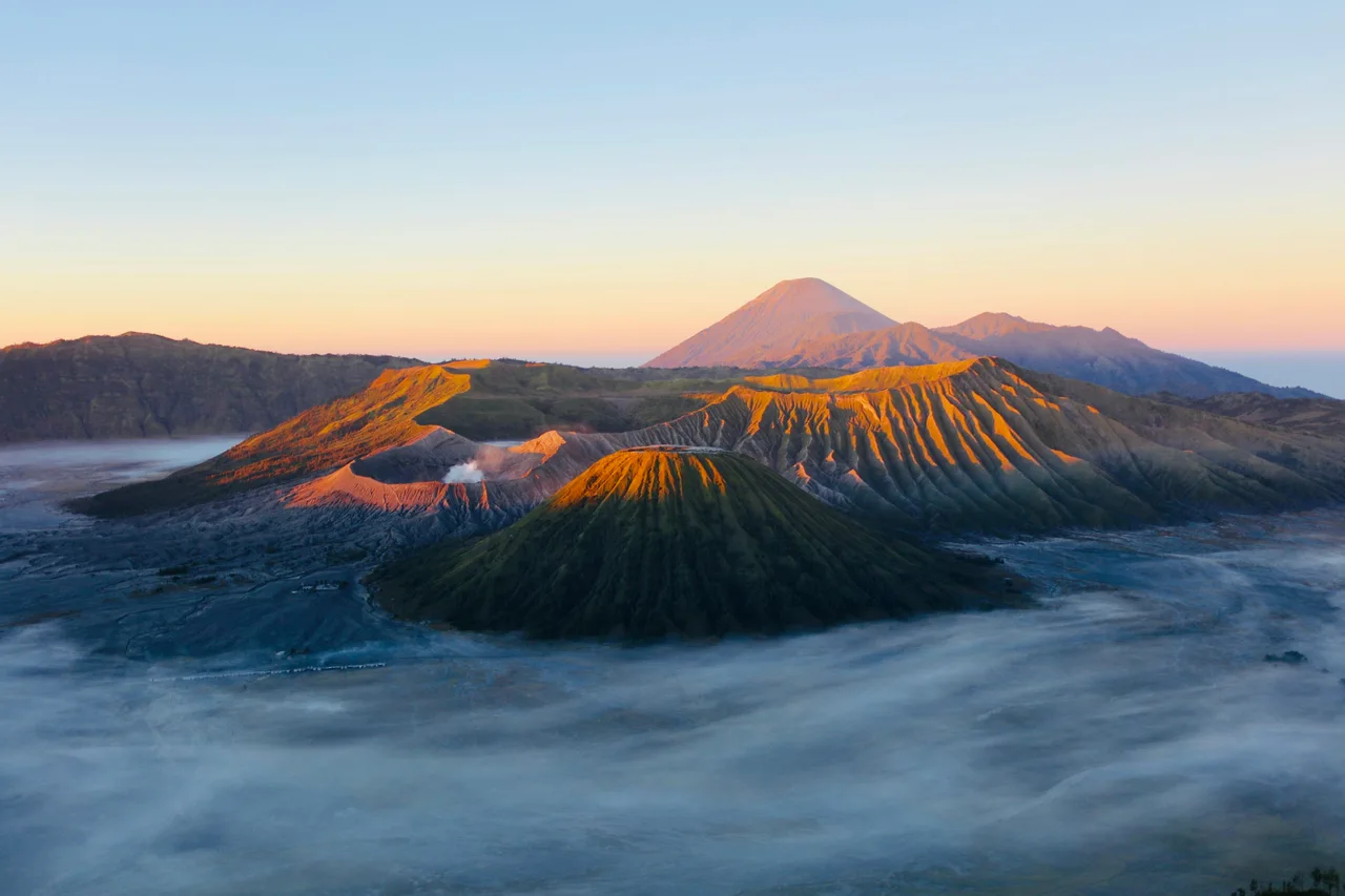 Golden morning light across the Bromo caldera