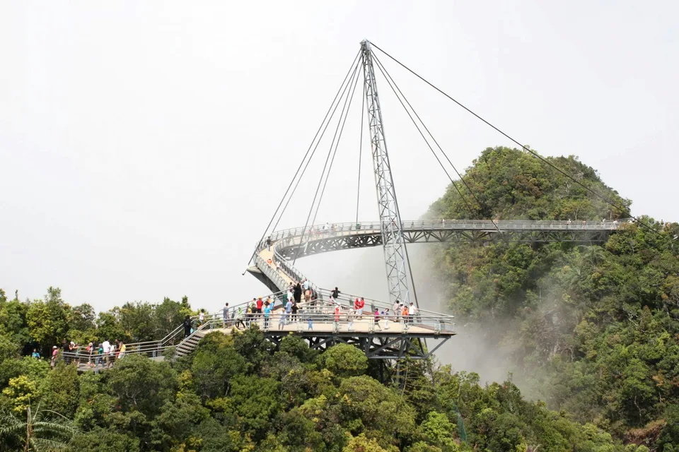 Cable-supported footbridge emerging above rainforest and mist